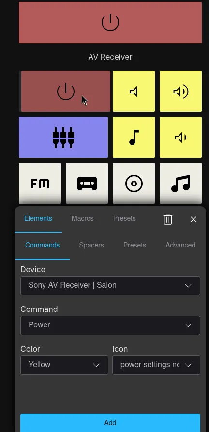 web UI in editing mode showing config options for commands, colors, and iconss