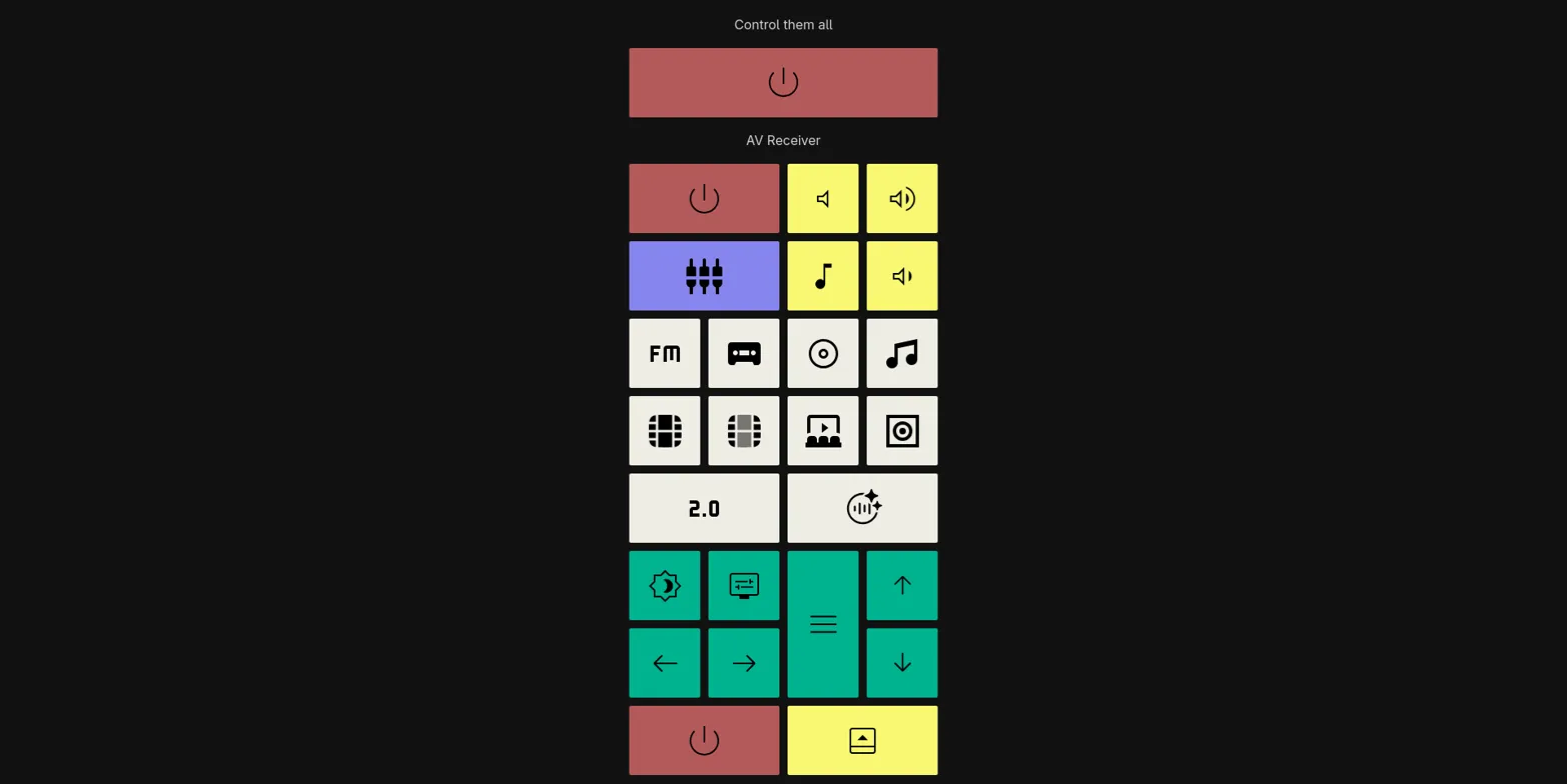 web UI showing a grid of buttons for controlling the AV receiver with color-coded sections
