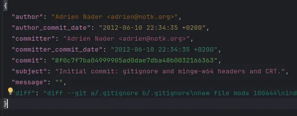 json object from html commit, hash, author, etc.