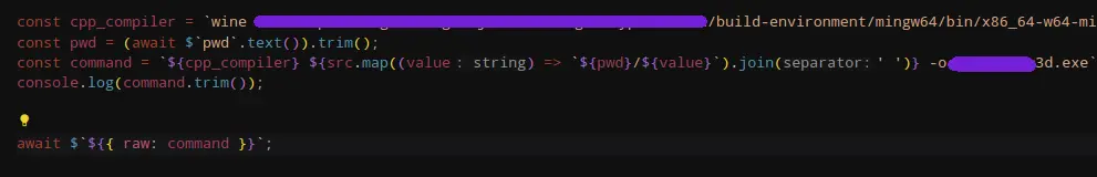 A screenshot of a code editor showing a TypeScript file. The code is generating a raw string to be executed by Bun